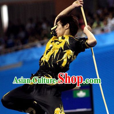 Dark Black Long Pole Martial Arts Training and Contest Silk Uniform for Men