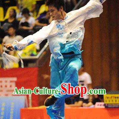 Blue and White Colour Transition Silk Kung Fu Suit for Men