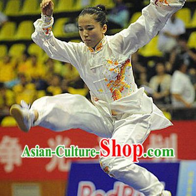 White Martial Arts Embroidered Dragon Competition and Practice Suit for Adult Women
