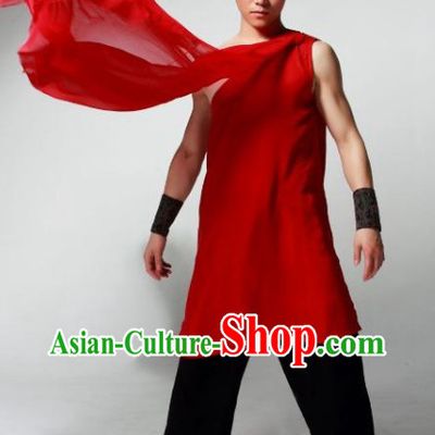 Red Sleeveless Wushu Robe and Black Pants for Men for Stage Performance