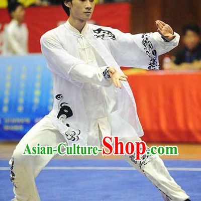 Long Sleeve White Yin and Yang Embroidered Pattern Kung Fu Dresses and Veil for Men