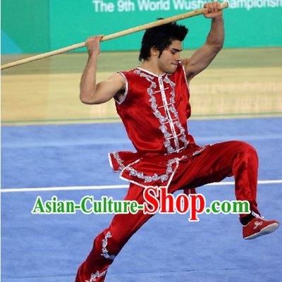 Red Short Sleeve Silk Kung Fu Martial Arts Training and Competition Clothing for Men