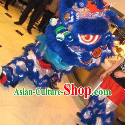 Supreme Blue and Silver Long Wool Lion Dance Costumes Full Set
