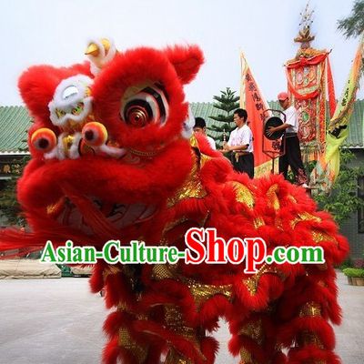 Supreme Red Natural Wool Grand Opening and Business Advertising Lion Dance Costume Complete Set