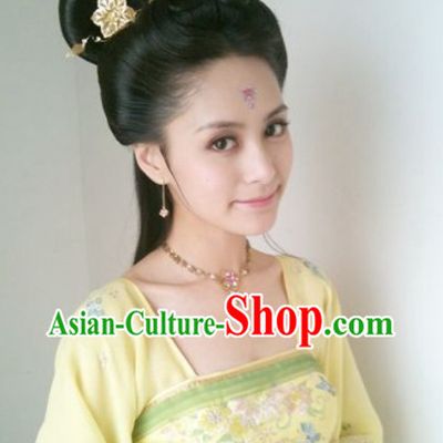 Zhong Xintong Black Long Fairy Wig and Golden Hair Accessories Set