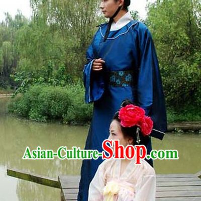 Blue Ancient Chinese Tang or Song Round Collar Robe and Coronet