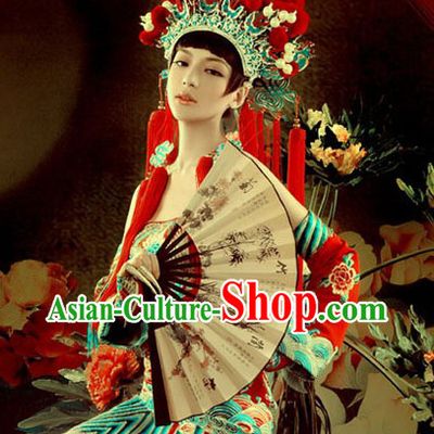 Chinese Peking Opera Phoenix Coronet, Fan and Dragon Robe Complete Set for Women