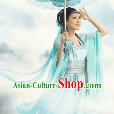 Ancient Chinese Blue Fairy Costumes and Umbrella
