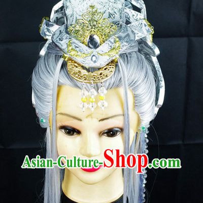 Ancient Chinese White Wig and Accessories for Men