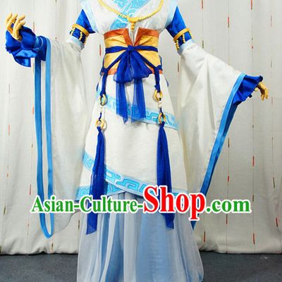 Ancient Chinese Blue and White Long Kui Fairy Cosplay Costumes Complete Set
