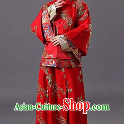 Chinese Classical Red Wedding Phoenix Outfit and Wig
