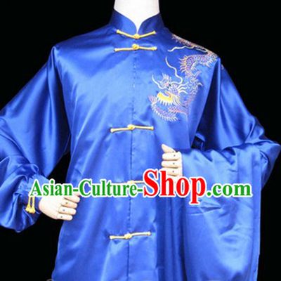 Blue Professional Embroidered Dragon Martial Arts Competition Outfit for Men