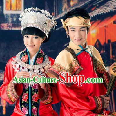 Miao Ethnic Minority Wedding Dresses Two Sets for Men and Women