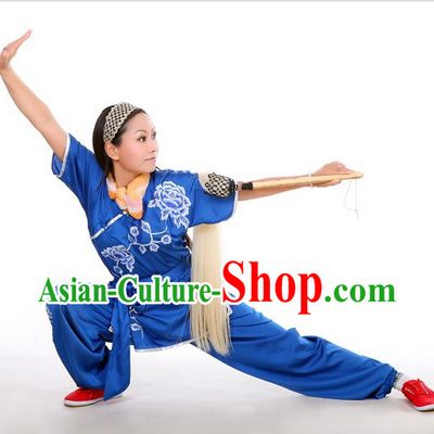 Blue Flower Embroidery Martial Arts Tai Chi Performance Uniform for Women