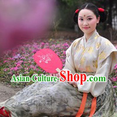 Ancient Chinese Tang Dynasty Lady Costume with a Fan