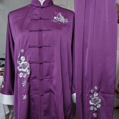Traditional Chinese Purple Embroidered Flower Silk Kung Fu Tai Chi Uniform