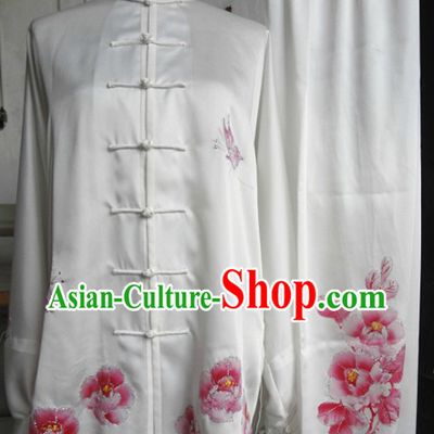 Traditional Chinese White Embroidered Peony Silk Tai Ji Suit