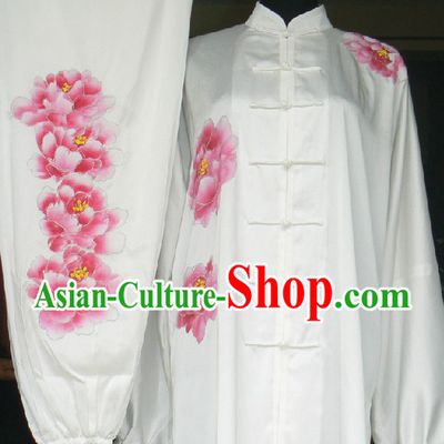 Traditional Chinese White Embroidered Peony Silk Tai Ji Outfit