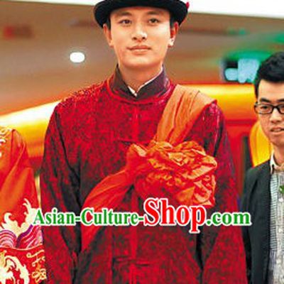 Traditional Chinese Bridegroom Wedding Blouse Hat Pants Complete Set