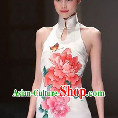 White Chinese Classical Short Cheongsam Evening Dress