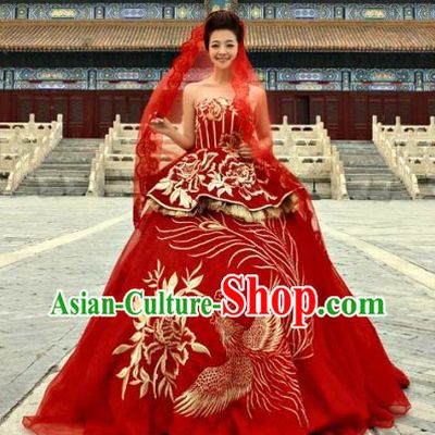 Red Embroidered Phoenix Wedding Veil Clothing Complete Set