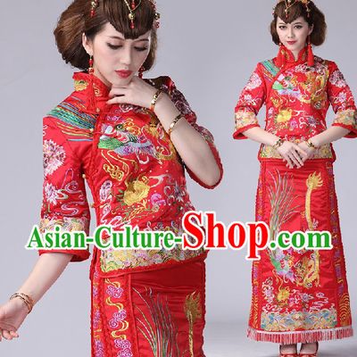 Gorgeous Embroidered Phoenix and Dragon Wedding Dresses Clothing Complete Set for Brides