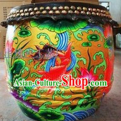 Chinese Classical Hands Painted Carp and Lotus Lion Dance Drum