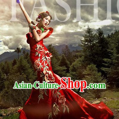 Traditional Chinese Red Peony Wedding Dress Long Skirt
