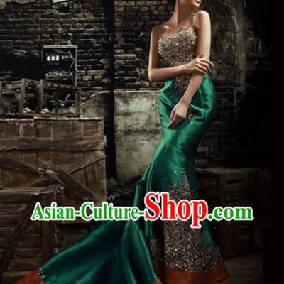 Traditional Chinese Green Fish Tail Evening Dress