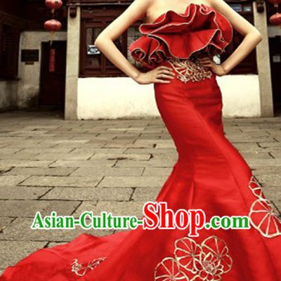 2013 New Design Red Long Trail Wedding Evening Dress
