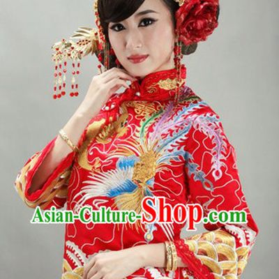 Traditional Chinese Mandarin Phoenix Embroidery Wedding Blouse and Skirt Outfit Set for Women