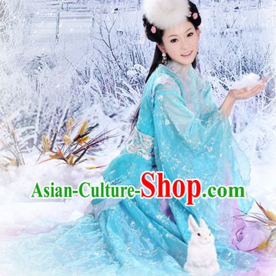 Ancient Chinese Tang Dynasty Blue Princess Costume and Hair Accessories