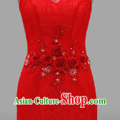 Summer Wear Lace Classical Chinese Red Wedding Evening Dress
