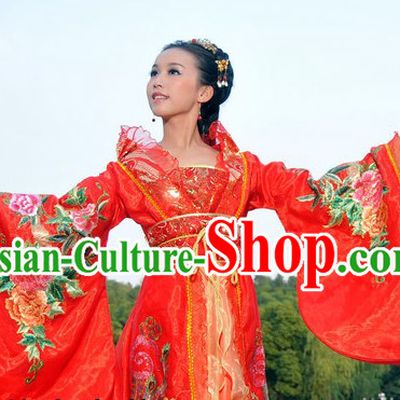 Ancient Chinese Stage Performance Peony Red Wedding Outfit for Brides