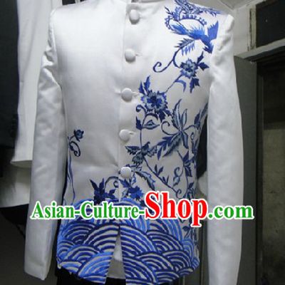 Traditional Chinese White and Blue Embroidery Wedding and Performance Blouse