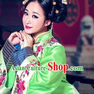 Green Traditional Chinese Manchu Embroidery Robe for Ladies