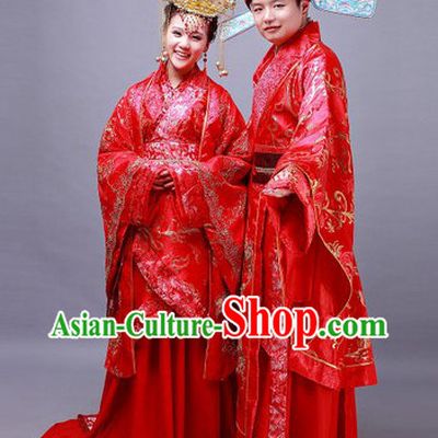 Traditional Chinese Wedding Dresses Clothing and Headwear for Bridegroom and Brides