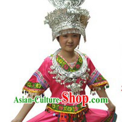 Traditional Chinese Miao Silver Hat Necklace and Outfit for Girls