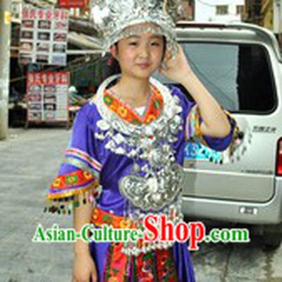 Blue Traditional Chinese Miao Silver Crown and Suit for Women
