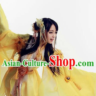 Yellow Ancient Chinese Fairy Costumes and Hair Accessories
