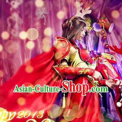 Ancient Chinese Style Red New Year Cosplay Costume with Long Cape
