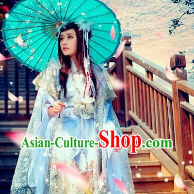 Ancient Chinese White Princess Cosplay Costumes Umbrella and Headdress