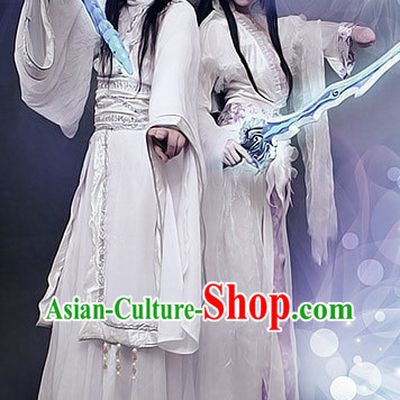 Ancient Chinese White Swordsman and Swordswoman Costumes Two Complete Sets