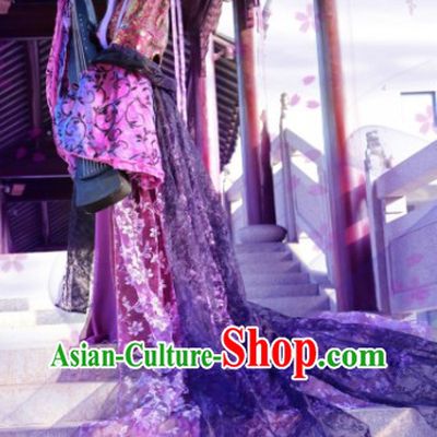 Ancient Chinese Stage Performance Purple Concubine Cosplay Costumes and Headpieces Complete Set