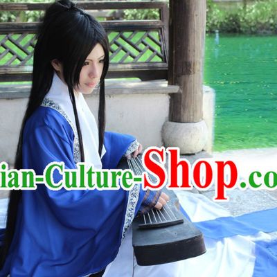 Ancient Chinese Blue Guzhuang Musician Clothes Complete Set