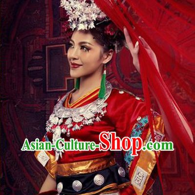 Hmong Traditional Clothes, Necklaces and Hair Accessories Complete Set