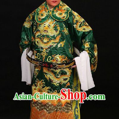 Green Traditional Chinese Opera Dragon Embroidery Costumes and Hat for Men