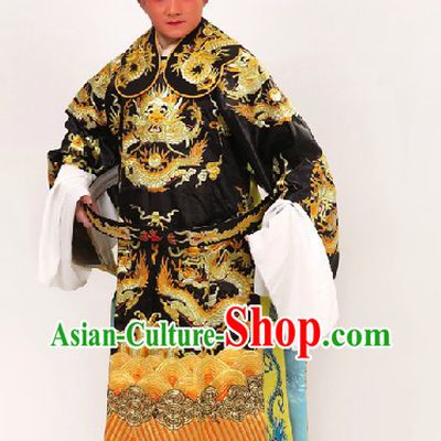 Black Traditional Chinese Opera Dragon Embroidery Costumes and Hat for Men