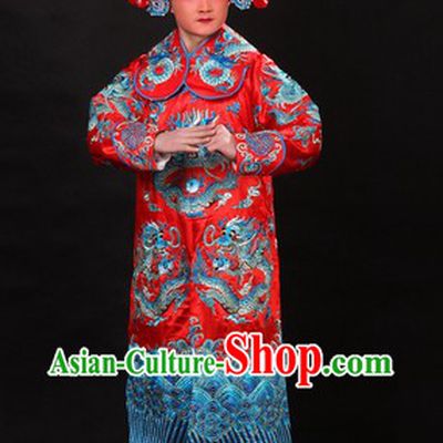Red Traditional Chinese Opera Xue Pinggui Dragon Embroidery Jianyi Robe and Hat for Men