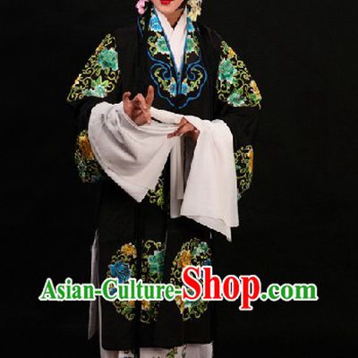 Black Traditional Chinese Opera Round Flower Embroidery Robe and Skirt